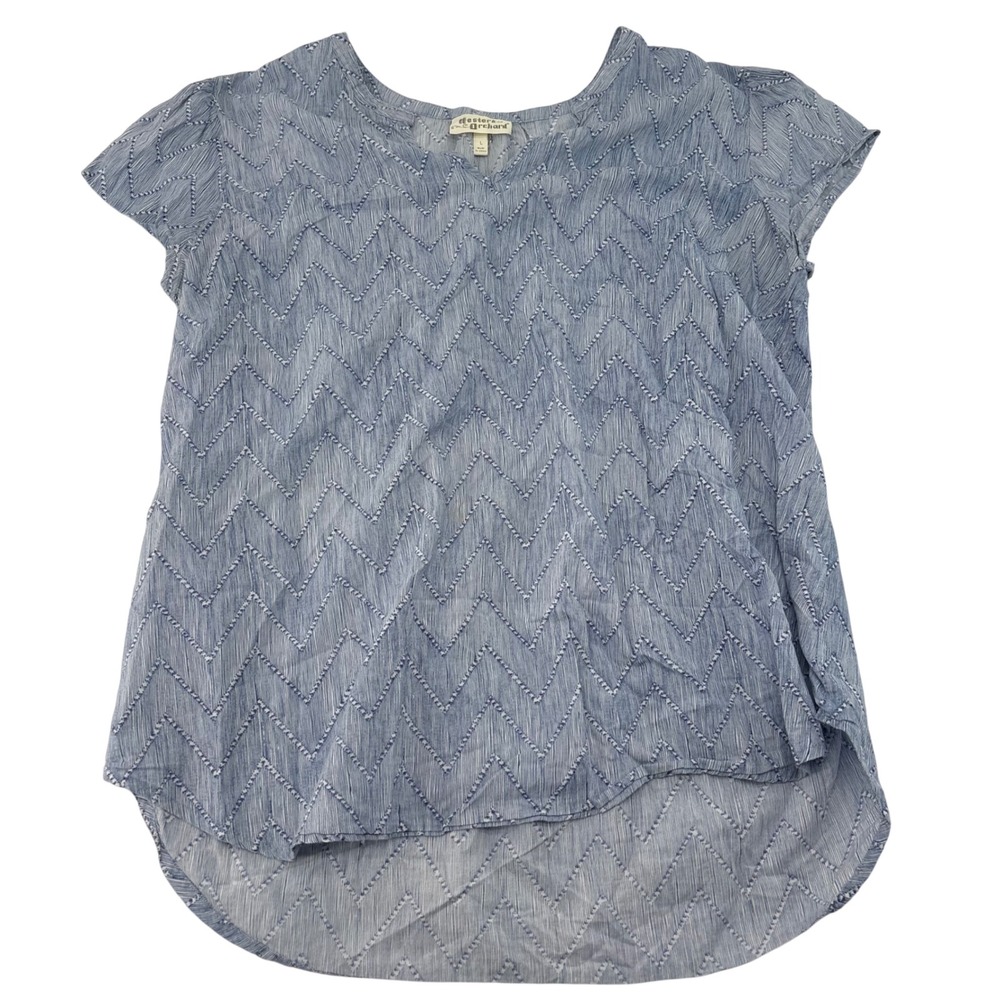 Hester & Orchard Blue White Chevron Stripe Cotton V-Neck Blouse Large